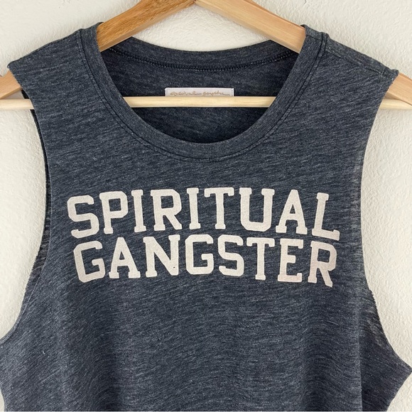 !SOLD! SPIRITUAL GANGSTER Heathered Dark Grey Logo Varsity Soft Muscle Tee Tank - Picture 4 of 10